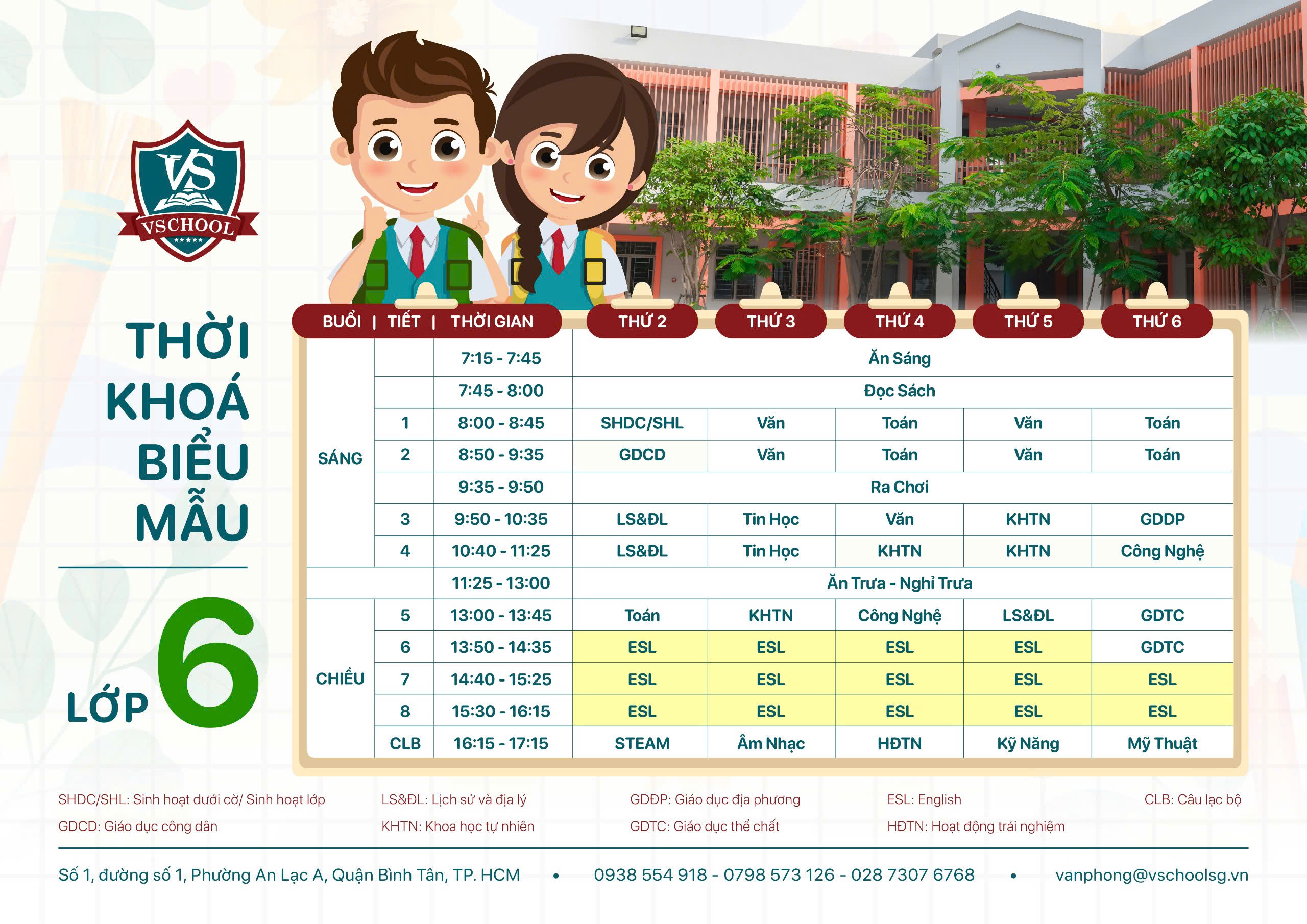 THỜI KHÓA BIỂU MẪU VSCHOOL – LỚP 6