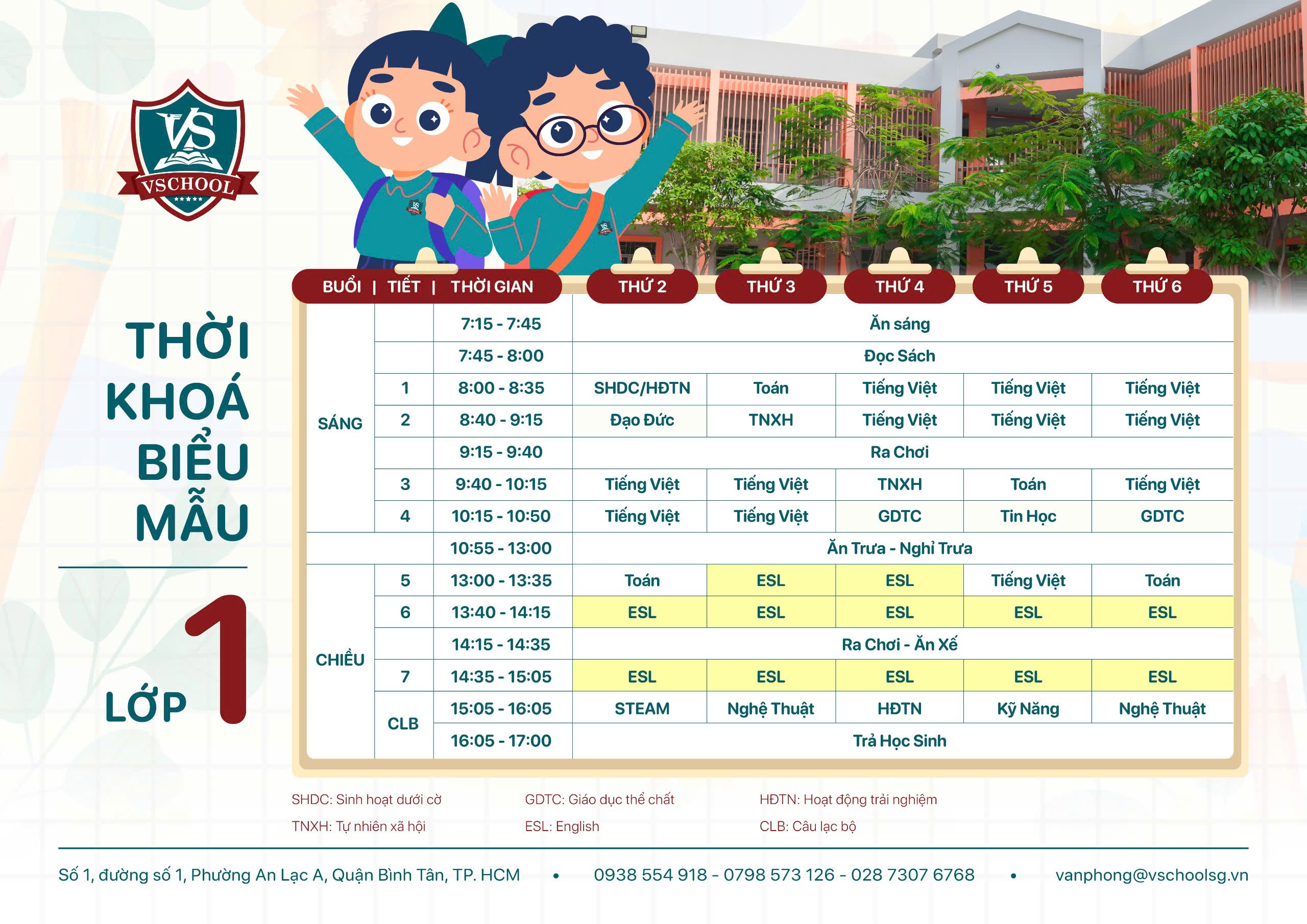 THỜI KHÓA BIỂU MẪU VSCHOOL – LỚP 1