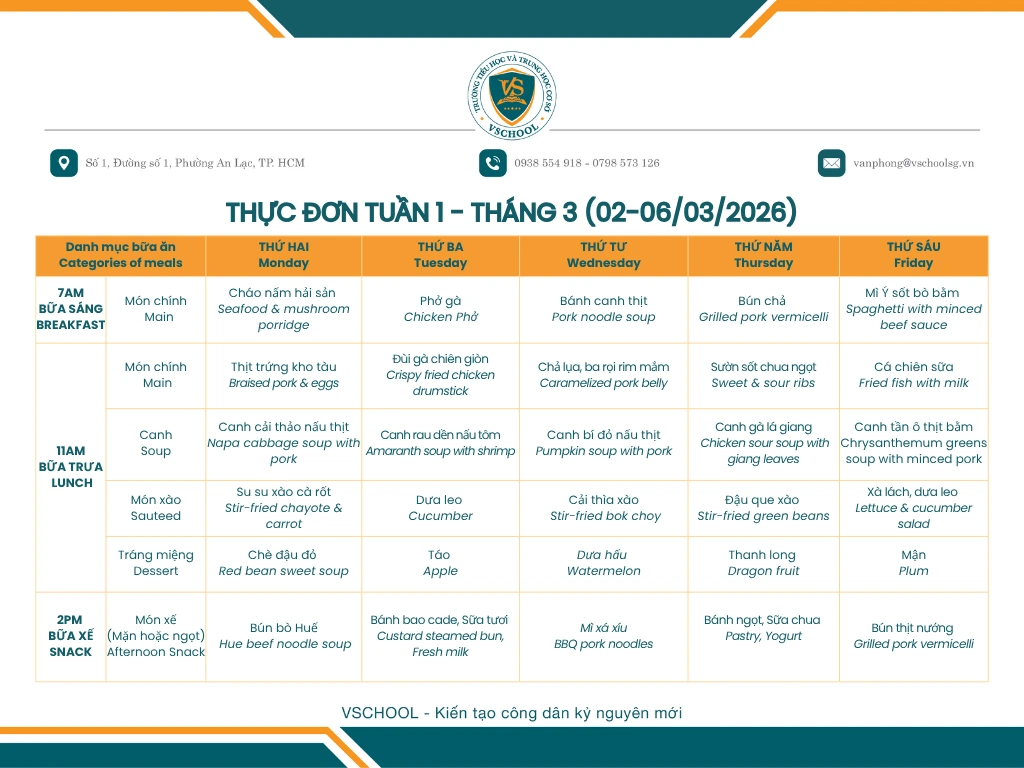 Thực Đơn Tuần 1 - Tháng 3/2026