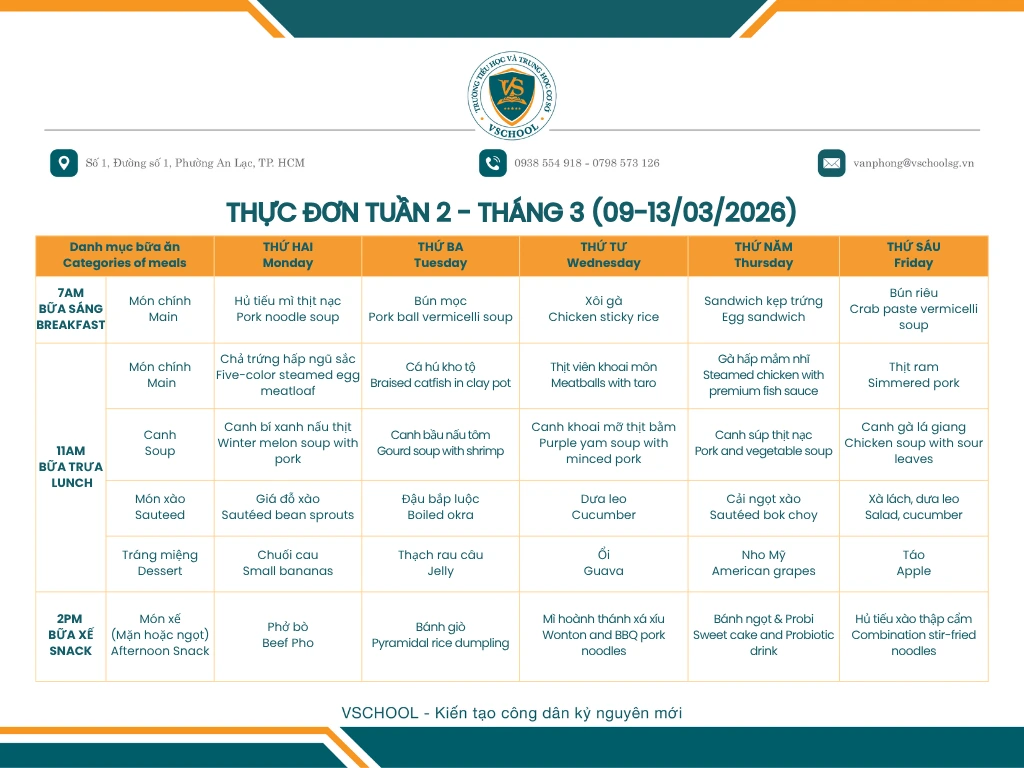 Thực Đơn Tuần 2 - Tháng 3/2026