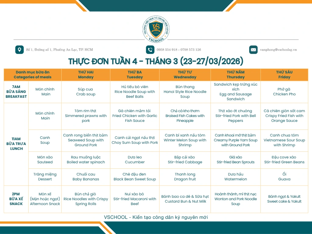 Thực Đơn Tuần 4 - Tháng 3/2026
