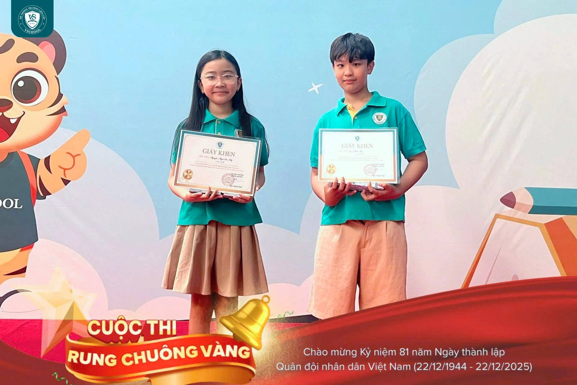 Em Nguyễn Ngọc Cát Mỹ (Lớp 5.1) và em Lê Minh Tiến (Lớp 6.1) xuất sắc giành hai giải chung cuộc.